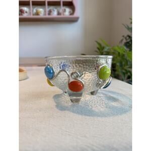 Small Bowl Wrapped Silver Wire & Colored Glass Discs Anchor On Bottom Nuts Bar